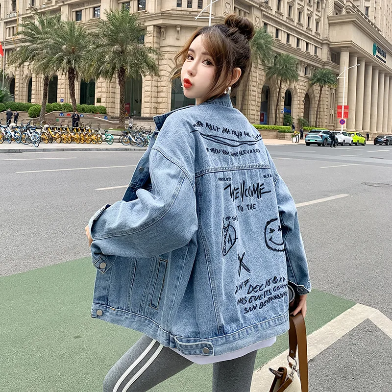

Autumn printing letters oversized Denim Jacket Women Loose Casual BF style Jeans Jacket light Blue Coats Korean female Outwear