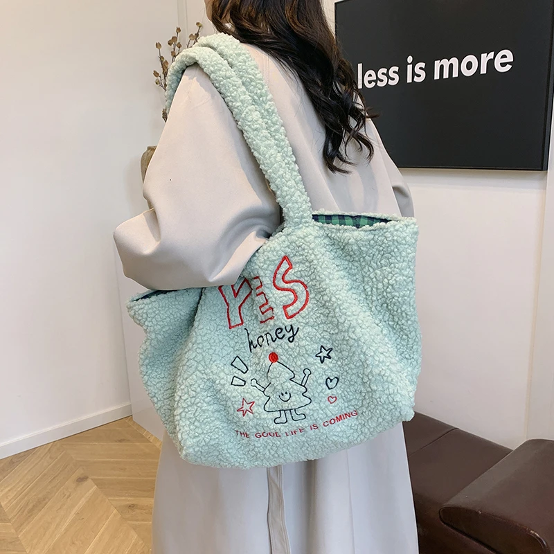 Зимняя теплая сумка через плечо из овечьей шерсти для женщин повседневная