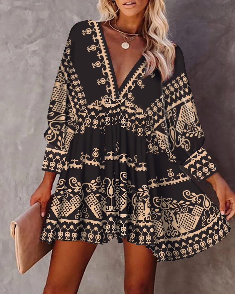 Autumn All Over Print V-Neck Fold Pleated Mini Dress 2021 Femme Casual Lace Up Back Flare Sleeve Robe Office Lady Outfits