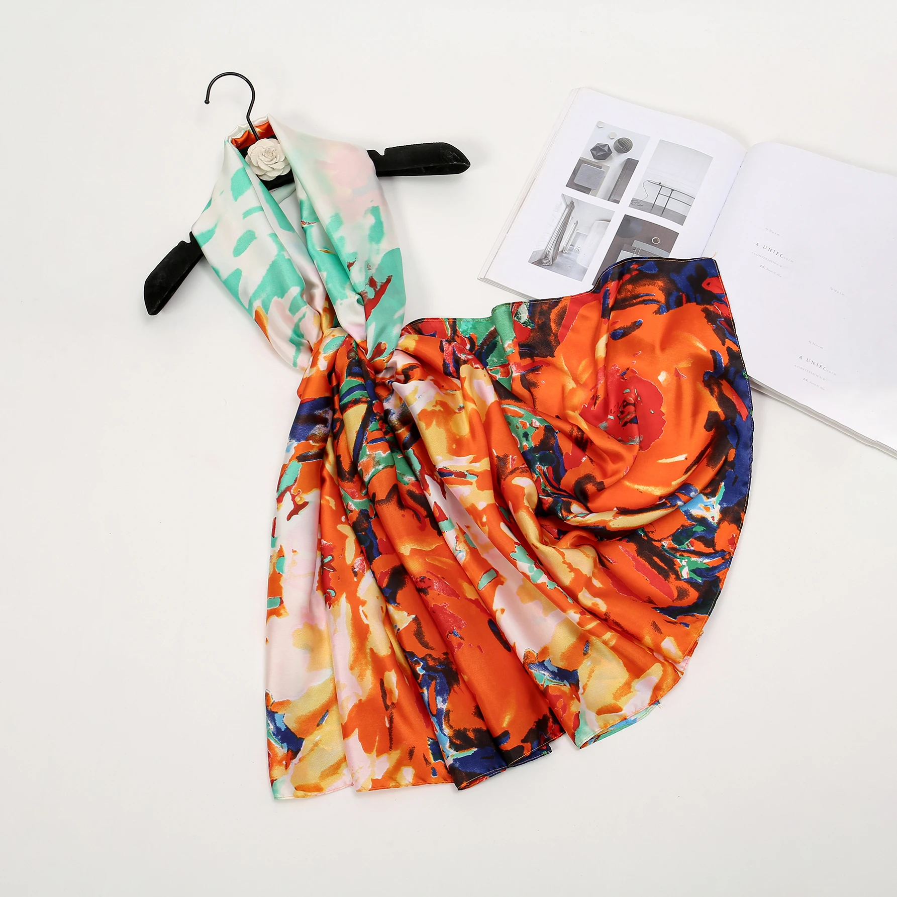 Шелковые женские шарфы с цветочным принтом Длинная атласная шаль для женщин