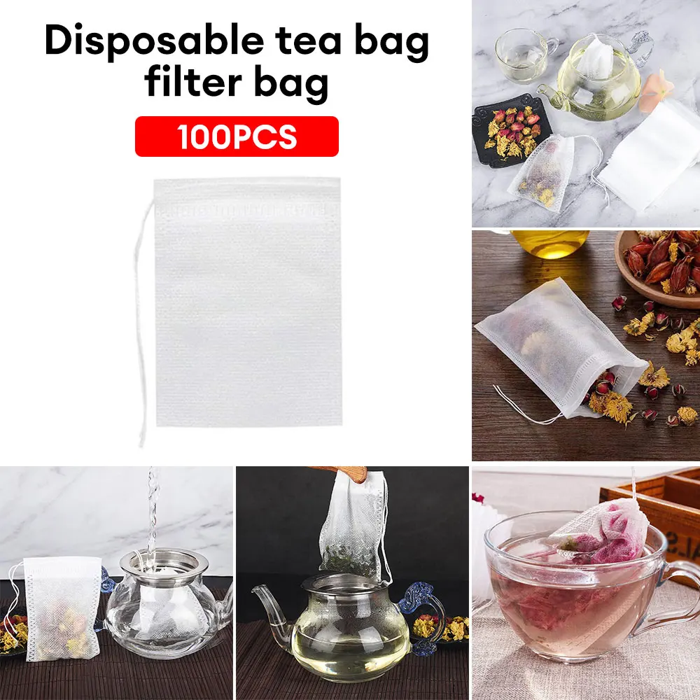 

100pcs Disposable Tea Bags with String Empty Tea Filter Bag for Loose Tea Spice Herb Coffee Non-woven Fabric Tea Infuser