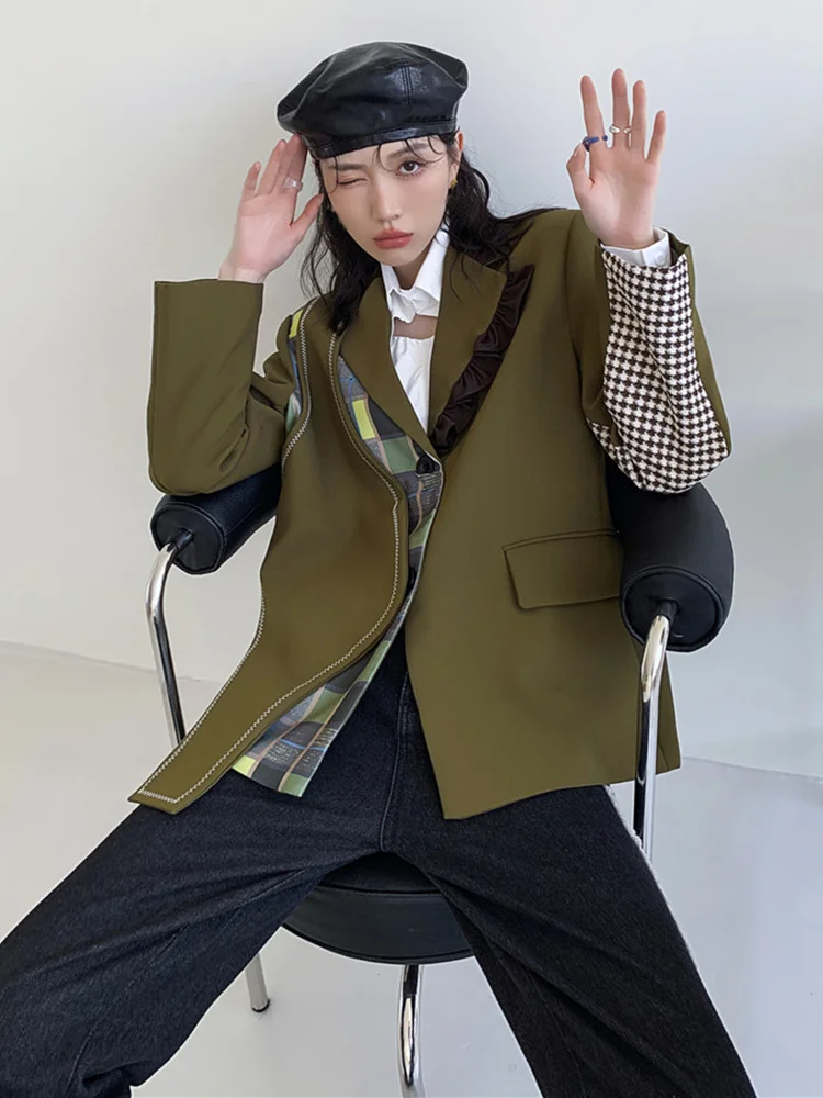 

Korea Chic Loose Design Patchwork Suit Jacket Women's Fashion 2022 Autumn New ArmyGreen Solid Color Causal Blazer B678