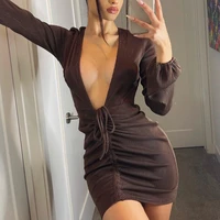 sexy solid color deep v neck mini dresses for women fashion bandage lantern sleeve bodycon clubwear new party casual loose dress