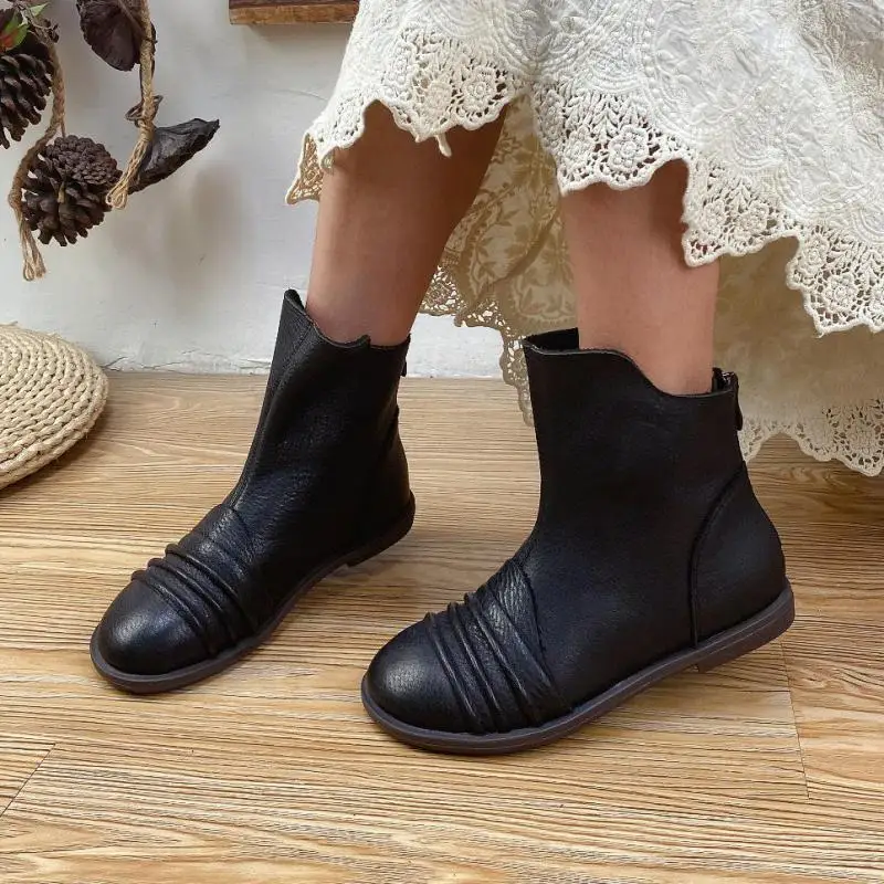 

YourSeason Ladies Genuine Leather Ankle Boots Zip Round Toe Flat With 2022 Women Sewing Casual Handmade Vintage Platform Shoes