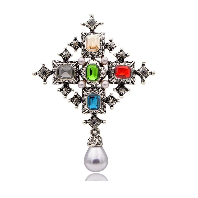 Women's Vintage Diamond Inlaid Baroque Cross Brooch Fashion Pendant Style Corsage Vintage Color Pins Accessories Gift Wholesale