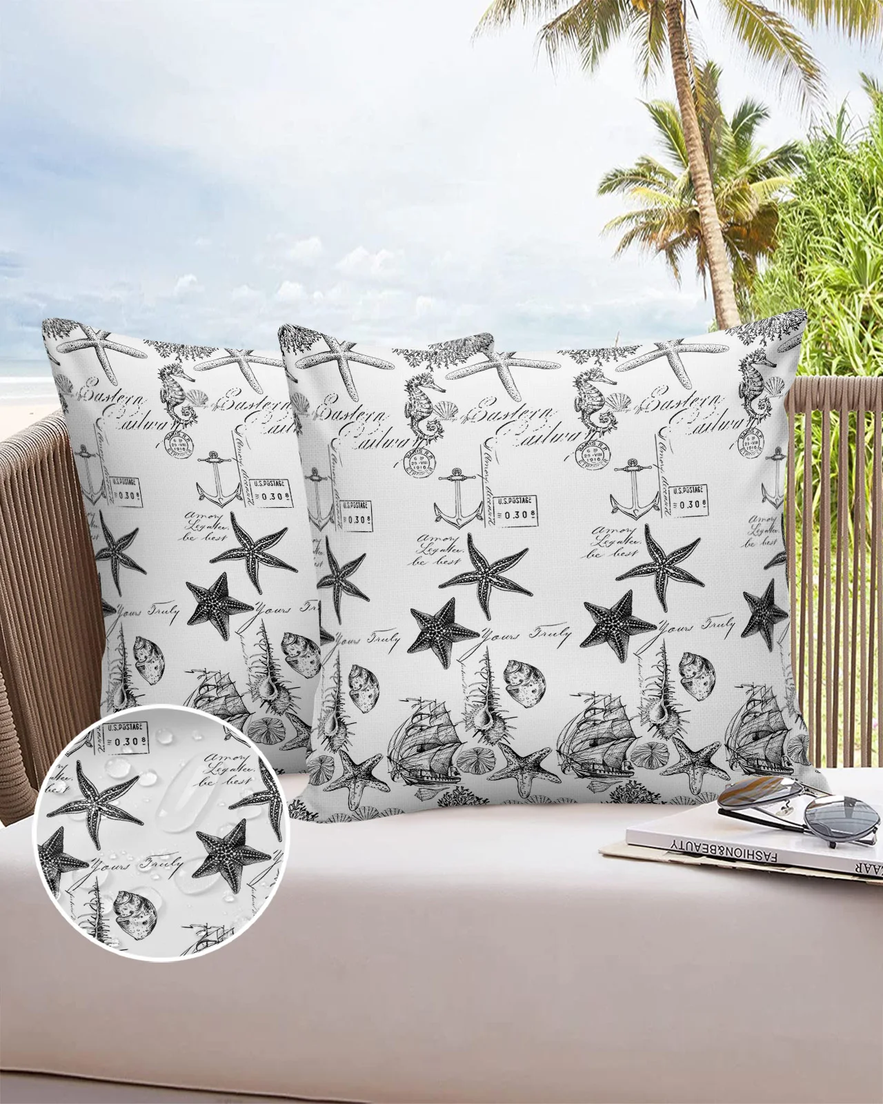 Black Ocean Starfish Conch Seahorse Anchor Sofa Cushions Cas