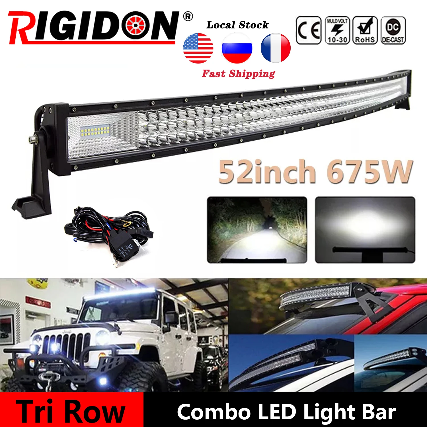 

RIGIDON 52inch/675W 7D Tri-Row Curved LED Light Bar Flood Spot Combo Beam for Off-road Boat Truck 4WD SUV ATV With Wiring Kit