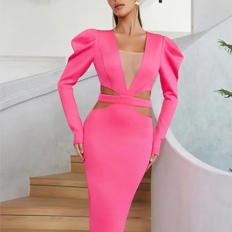 

Women's Rose Dress 2022 New Autumn and Winter Sexy V-Neck Long Sleeve Hollow Outback Slim Midi Club Party Dress Vestidos