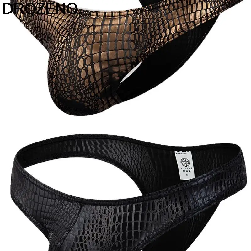 New Men's Half Sheath Imitation Leather Shiny Snake Pattern Men's Sexy Triangle U Convex Underwear Low Waist Bikini Shorts