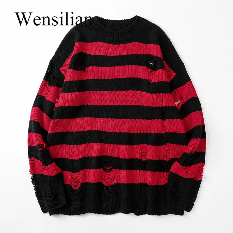 

Black Stripe Sweaters Destroyed Ripped Sweater Women Pullover ole Knit Jumpers Oversized Sweatsirt arajuku Lon Sleeve Tops