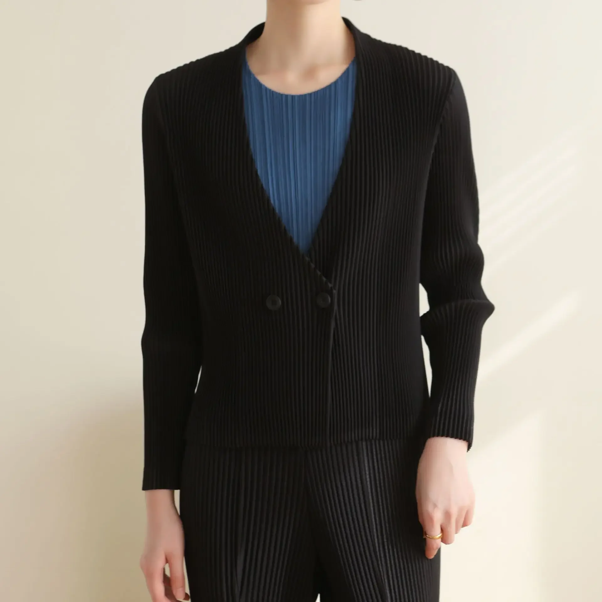 Плиссированная куртка оригинальный однотонный двубортный жакет для работы на