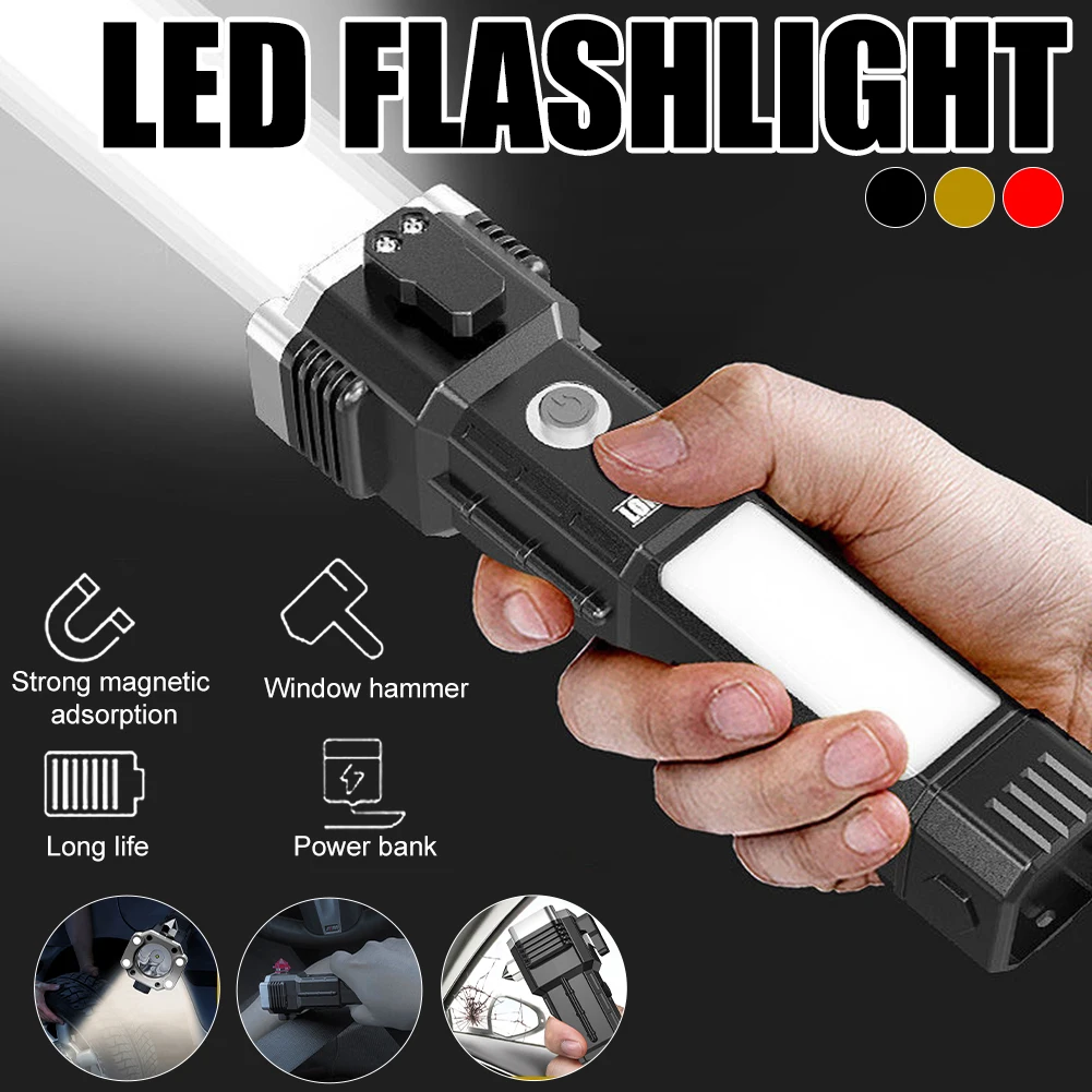 

Portable LED Flashlight with Safety Hammer Super Bright Waterproof COB LED Safety Torch Lamp Emergency Breaking Hammer Lantern