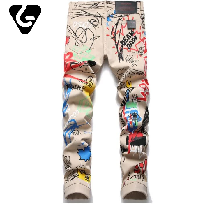 Classic new Dsquared2 new khaki printing and dyeing D2 jeans tight beggar European and American men's pants 1301