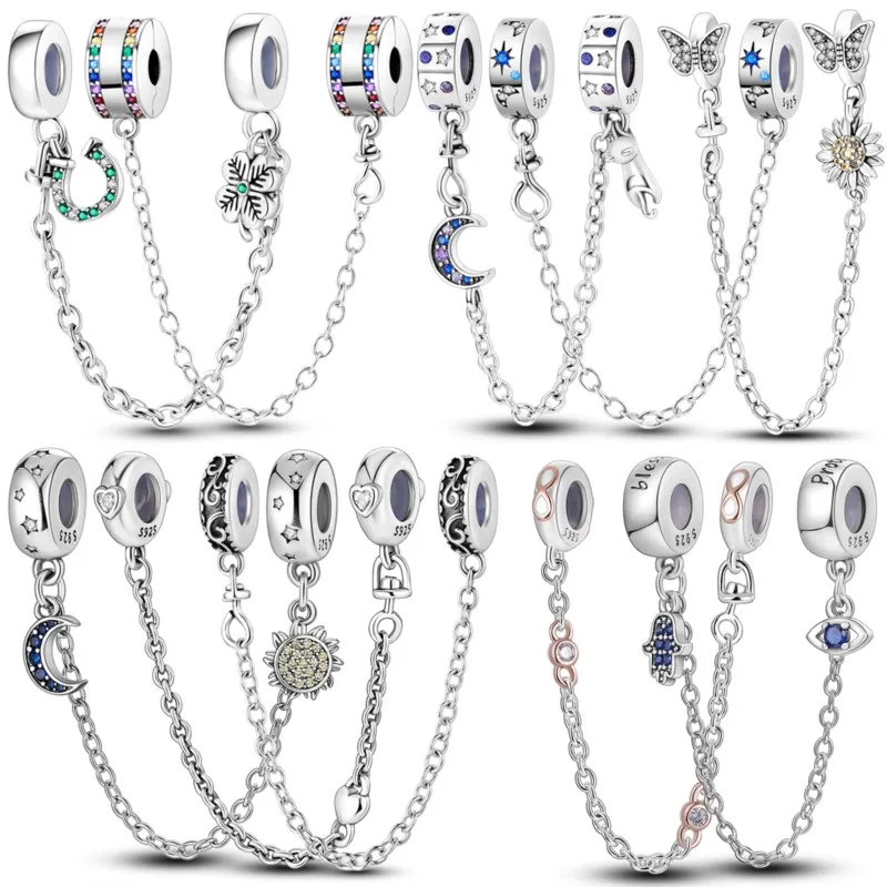 

New Sparkling Clear Silver Safety Chain 925 Sterling Silver Safety Chain Charm Beads Fit Original Pandora Bracelet DIY Jewelry