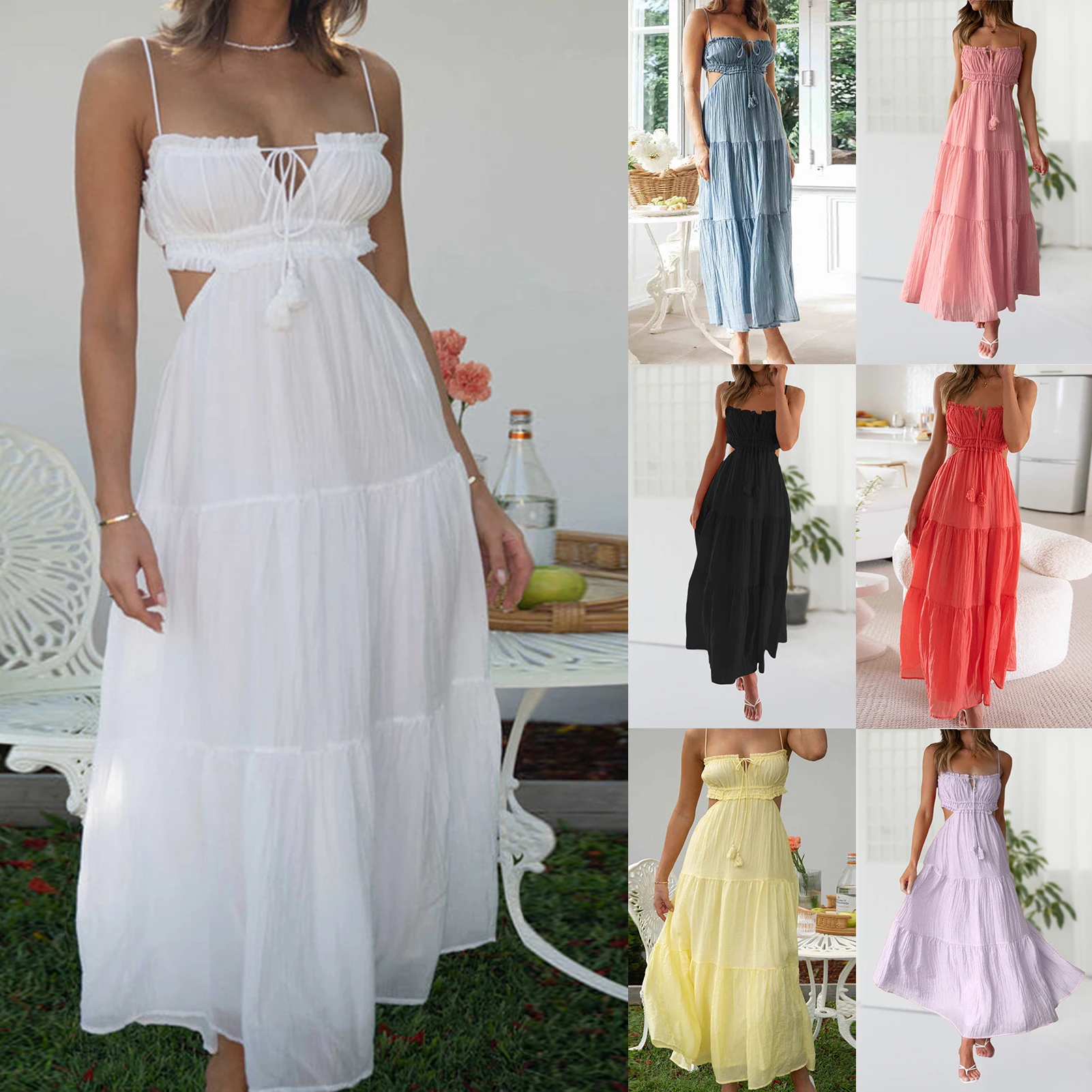 

Elegant Sexy Long Sleeve Pleated Beach Dress Sexy Solid Color Hollow Out Long Dress Women Fashion Deep V Neck Holiday Vestidos