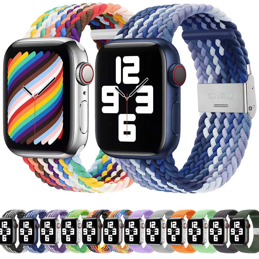 

Nylon fabric band for Apple Watch Series 7 6 SE 5 4 3 38mm 40mm 42mm 44mm 41MM 45MM Braided Solo Loop Elast strap for iwatch