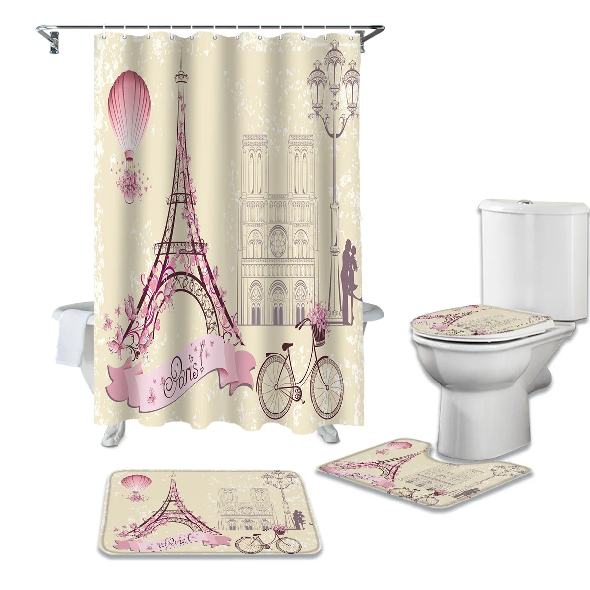

Французская Парижская башня, занавеска для душа с воздушным шаром для велосипеда в стиле ретро, ковер, крышка для унитаза, коврик для ванной,...