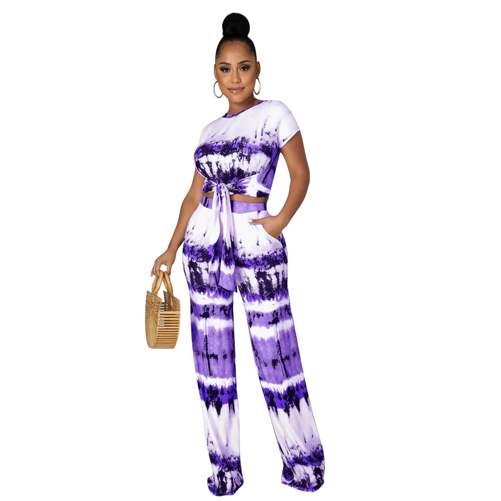 

2022 New Design Tie Dye Print Women Round Neck Tops With Pants Summer Pant Suits