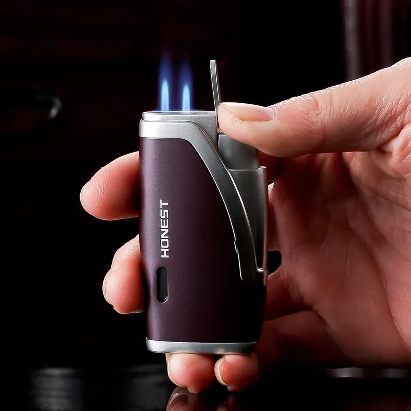 

HONEST Robust Fire Metal Inflatable Lighter Windproof Double Direct Impact Blue Flame Cigar Lighter Visible Gas Box Men's Gift