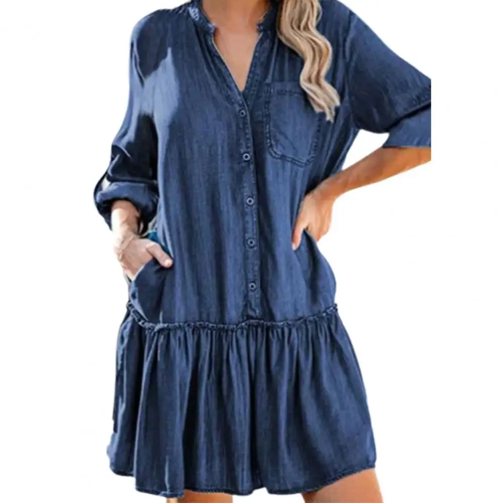 

Single Breasted Denim Dress Women Summer Roll-up V-Neck Sleeve Ruffled Hem Solid Color Mini Dress for Women 2022 Streetwear