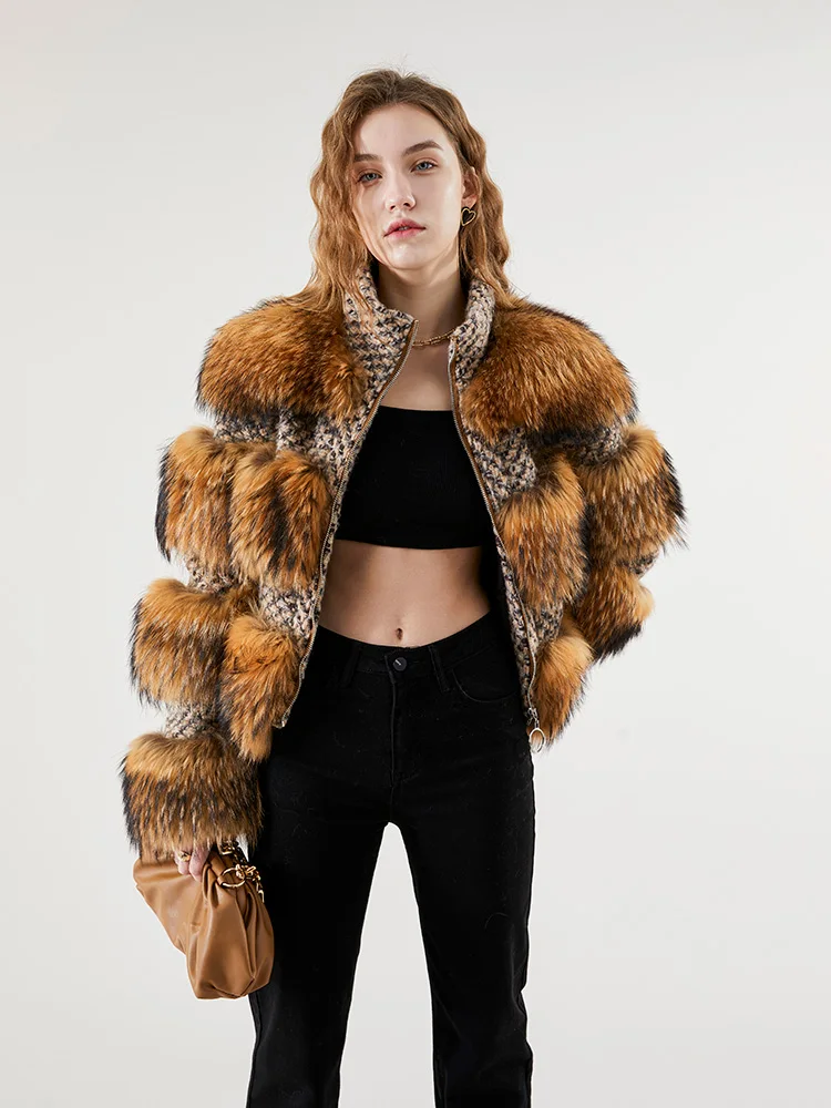 2022 Winter Jacket  Natural Raccoon Fur Wool Weave Fabric Women Real Silver Fox Fur Coat Warm Outerwear Streetwear