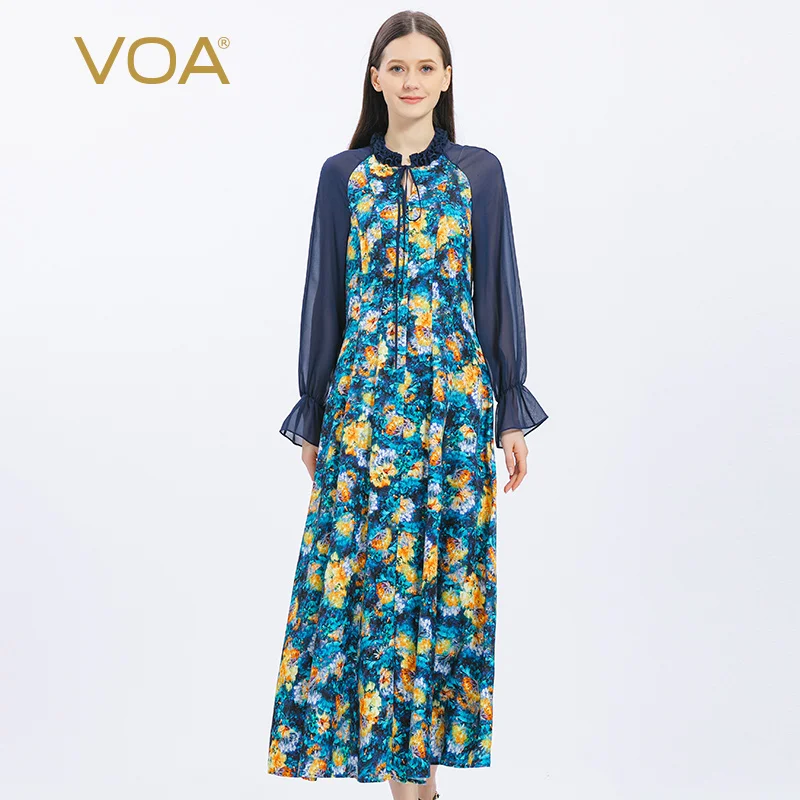 

VOA Silk Jacquard Stand Collar Pleated Flared Sleeves Vestidos Elegantes Para Mujer Loose Side Zip Tie Fashion Midi Dress AE1311