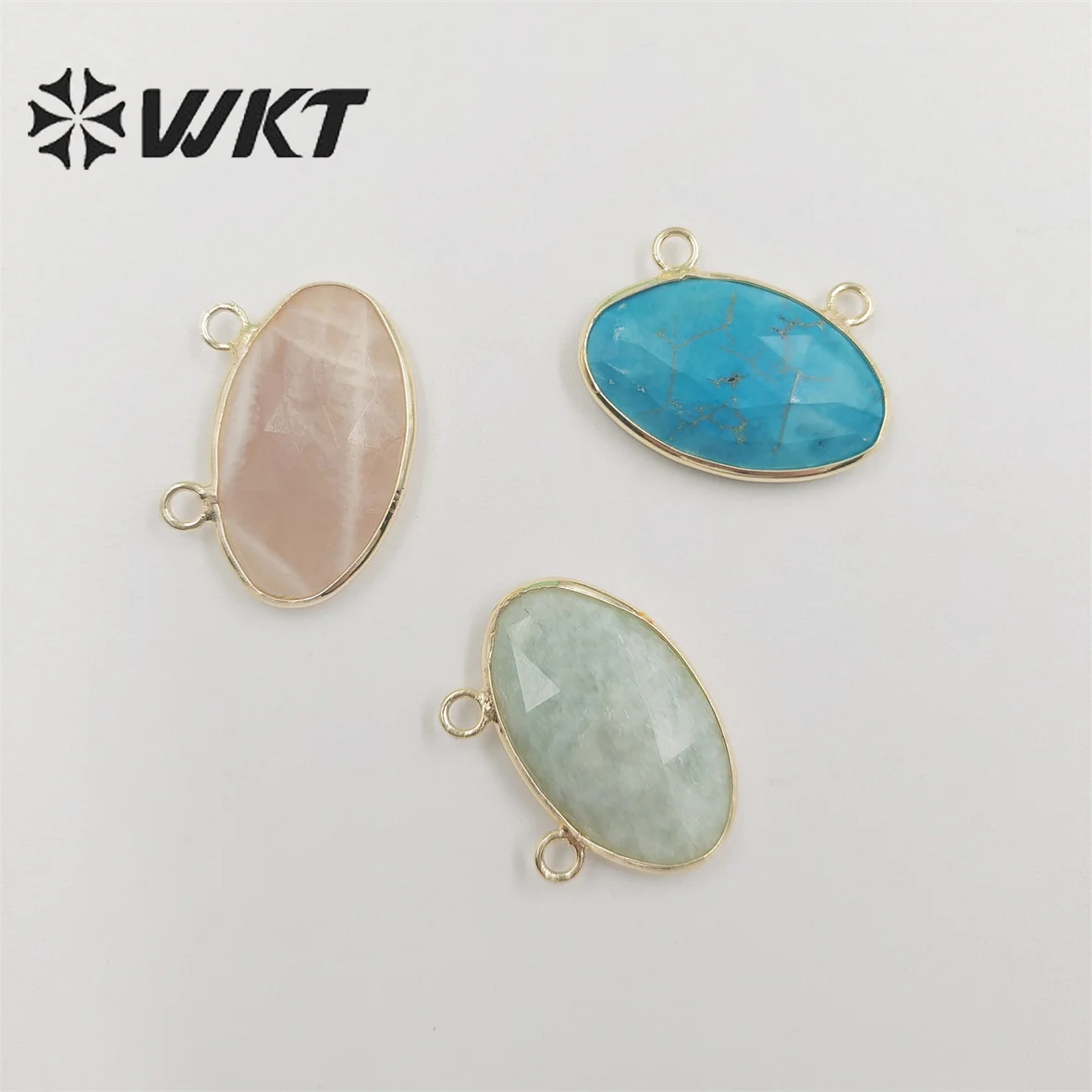 

WT-P1849 Wholesale newest double loops oval faceted cabchon stone pendants 18k real gold plated bezel natural Amazonist stone