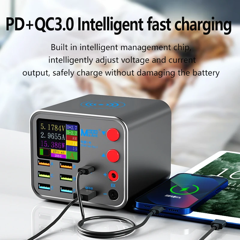 

25W Wireless Smart Charge QC 3.0 8 USB Port Wireless Charging Dock LCD Display For Mobile Phone Charging