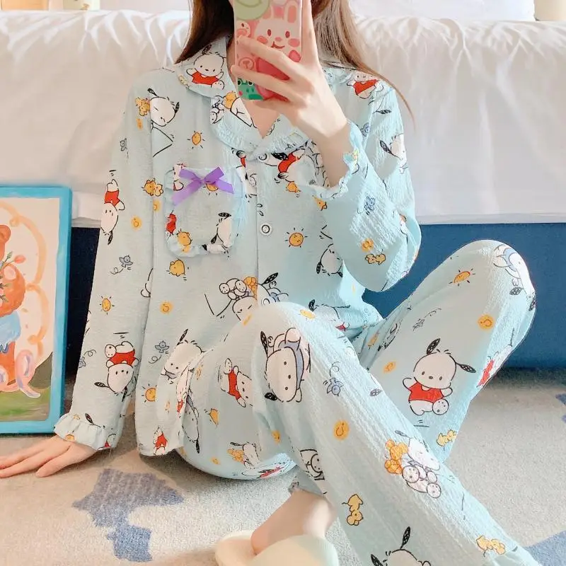 

Kawaii Sanrio Kuromi Pochaccoh Gauze Pajamas Korean Version Home Service Breathable Soft Pajamas Home Pajamas Cartoon Print Suit