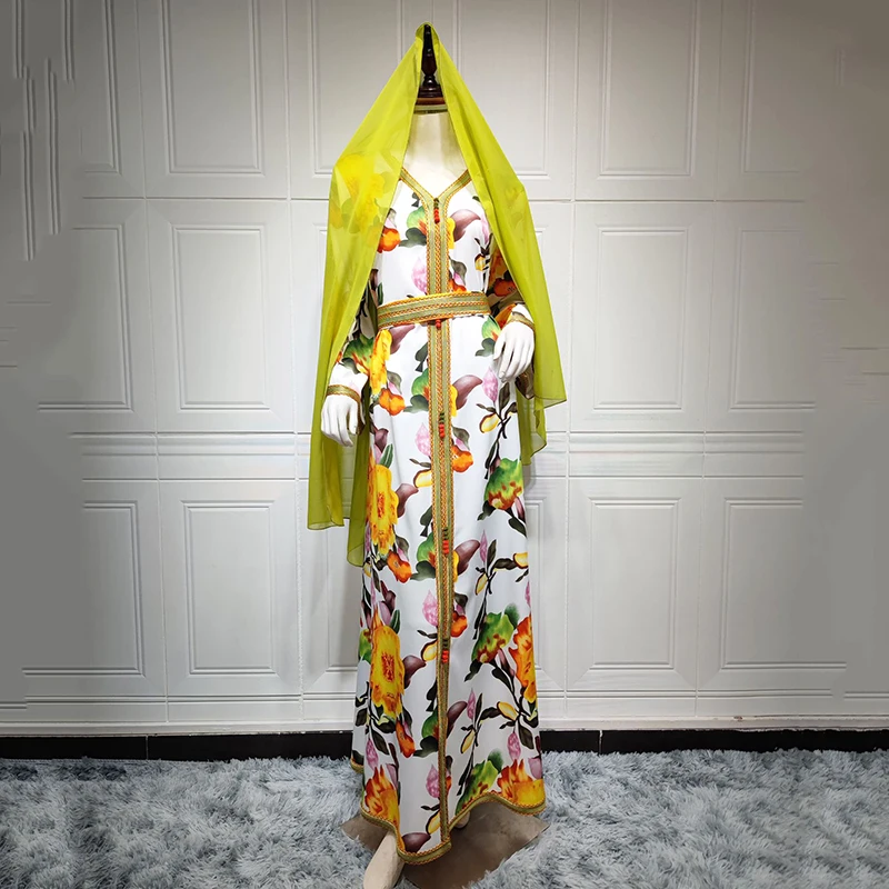 Print Abayas For Women Dubai 2022 With Belt Turkish Hijab Middle East Jalabiya Eid Muslim Kaftan Dresses Abaya Jellaba Moroccan