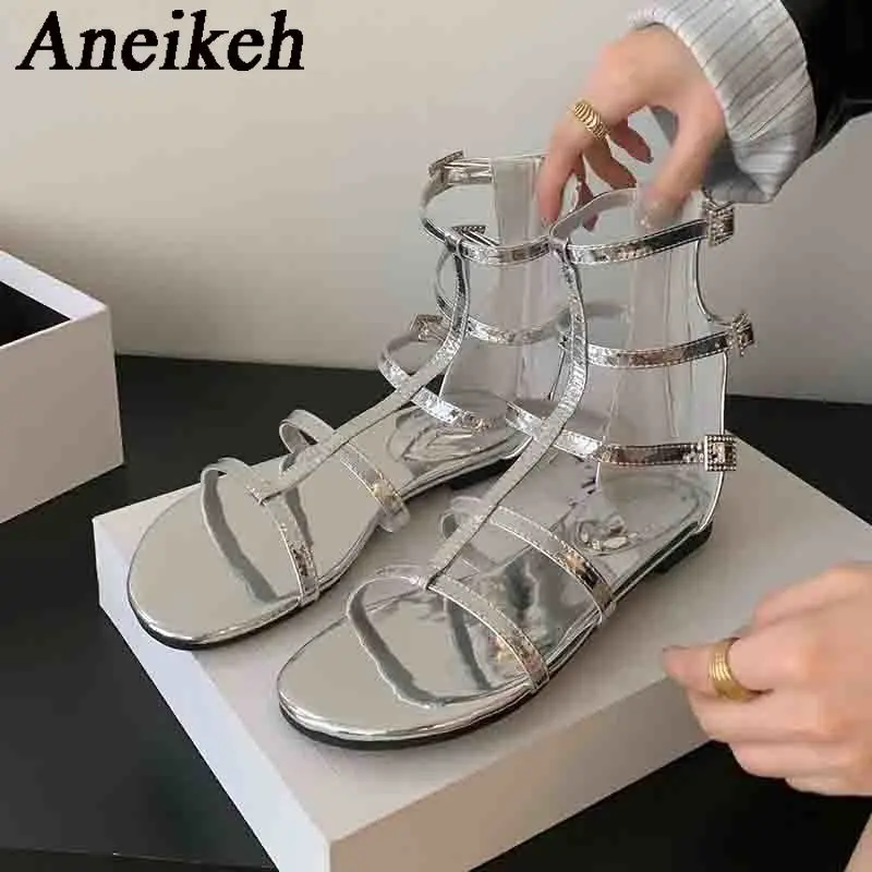 

AneikehWomen's Sexy Patent Leather Crystal Buckle Low Heel Shoes 2024 Summer Round Head Cover Heel Zipper Gladiator Sandals35-42
