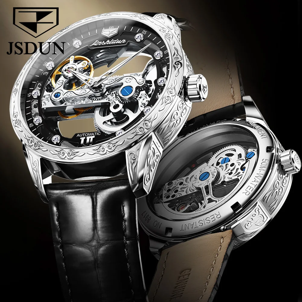 

JSDUN Sapphire Mirror Watch 3D Engraved Dial Diamond Mechanical Wristwatches Skeleton Tourbillon Automatic Watches for Men 8917