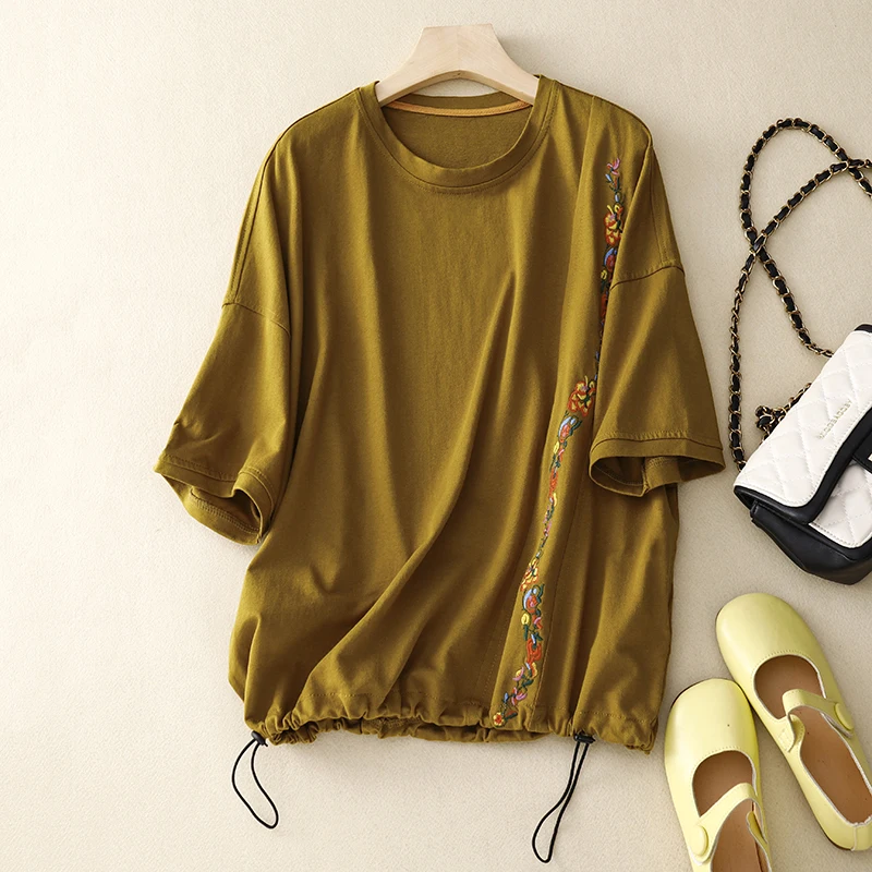 

Универсальная летняя Свободная рубашка 2023, винтажная хлопковая льняная рубашка с коротким рукавом и круглым вырезом, Однотонная футболка с цветочным принтом на шнурке X7868