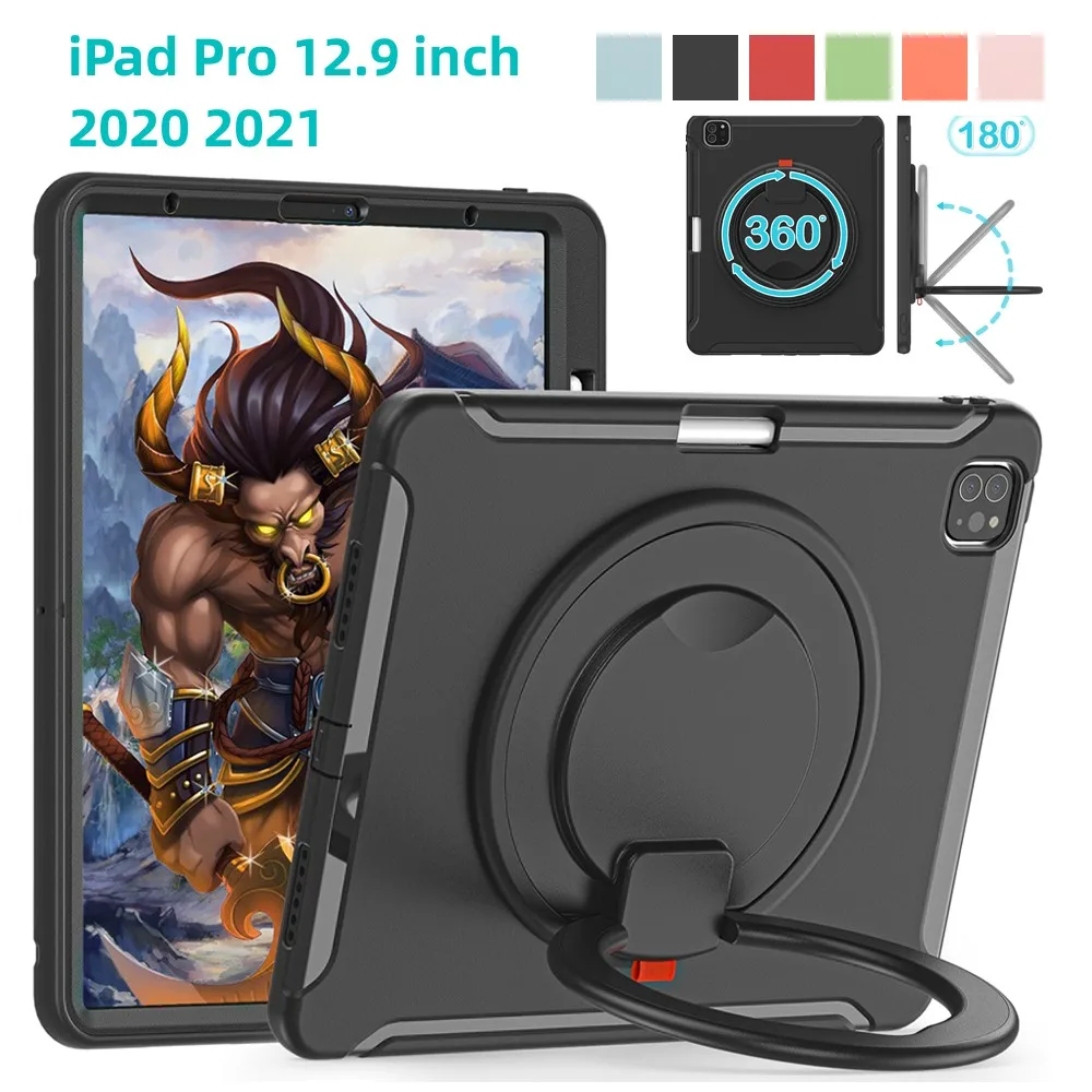 

For Apple iPad Pro 12.9 Case inch 6th 8th 9th 2021 2020 2018 A2378 A2229 Kids Safe Shockproof TPU Pull Ring Stand Tablet Cover