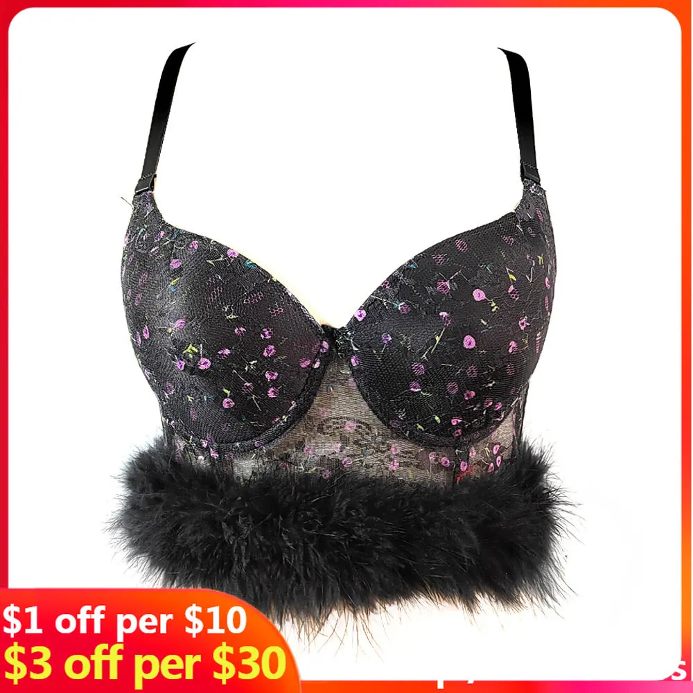 

Vest-style Wearing Suspender Floral Lace Top Ultra-short Nightclub Disco Dancing Sexy Wild Fashion Tube Top Feather Corset Woman