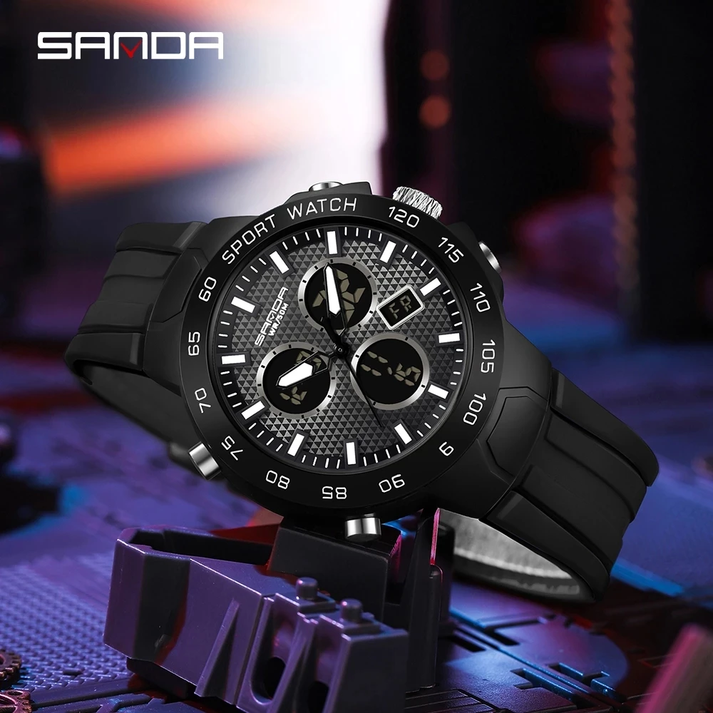 

Sanda Digital Watch for Men Black Silicone Watch Strap Quartz Wriswatch Montre Homme Luxe Grande Marque Relógios Masculinos 3112