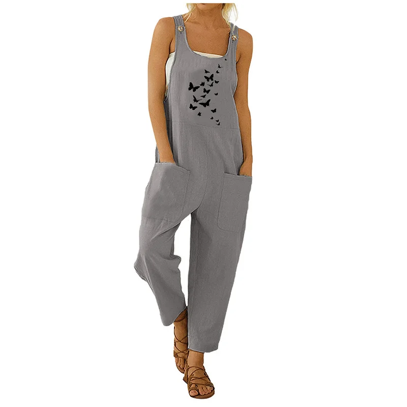 Simple Flower Printed Strap Jumpsuits Women Summer Plus Size Loose Casual Boho Playsuits with Big Pocket Indie Overall Rompers