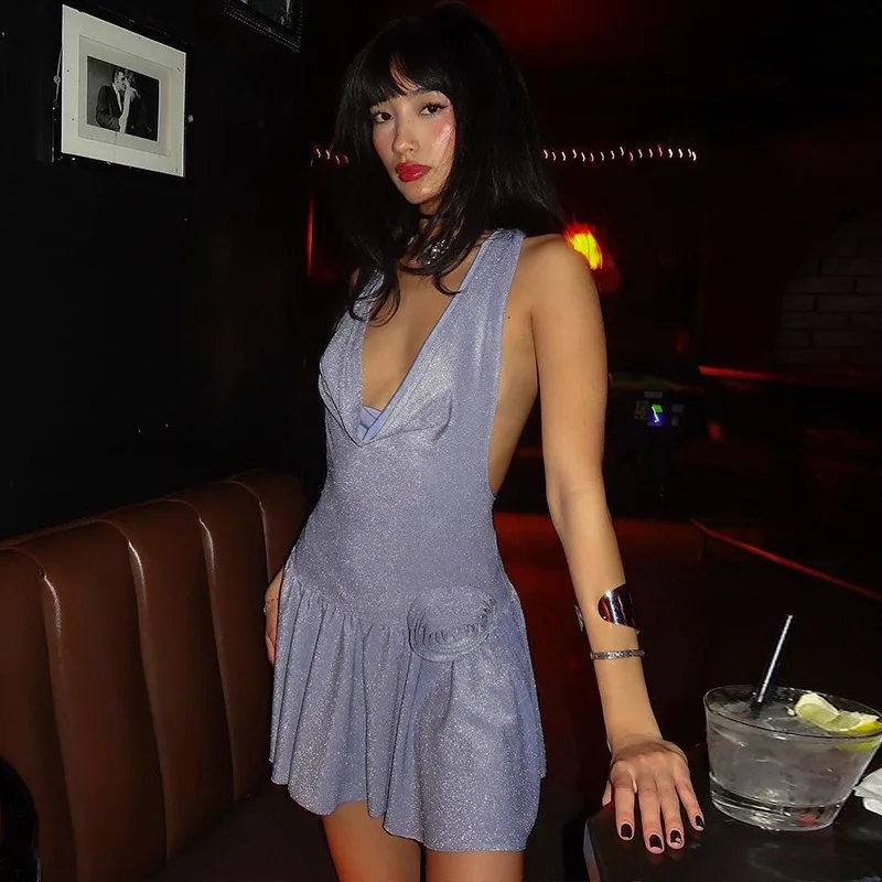 

Women Dress 2023 Halter Swinging Collar Backless Bright Silk Sexy Mini Dresses French Bodycon Evening Party Clubwear Costume