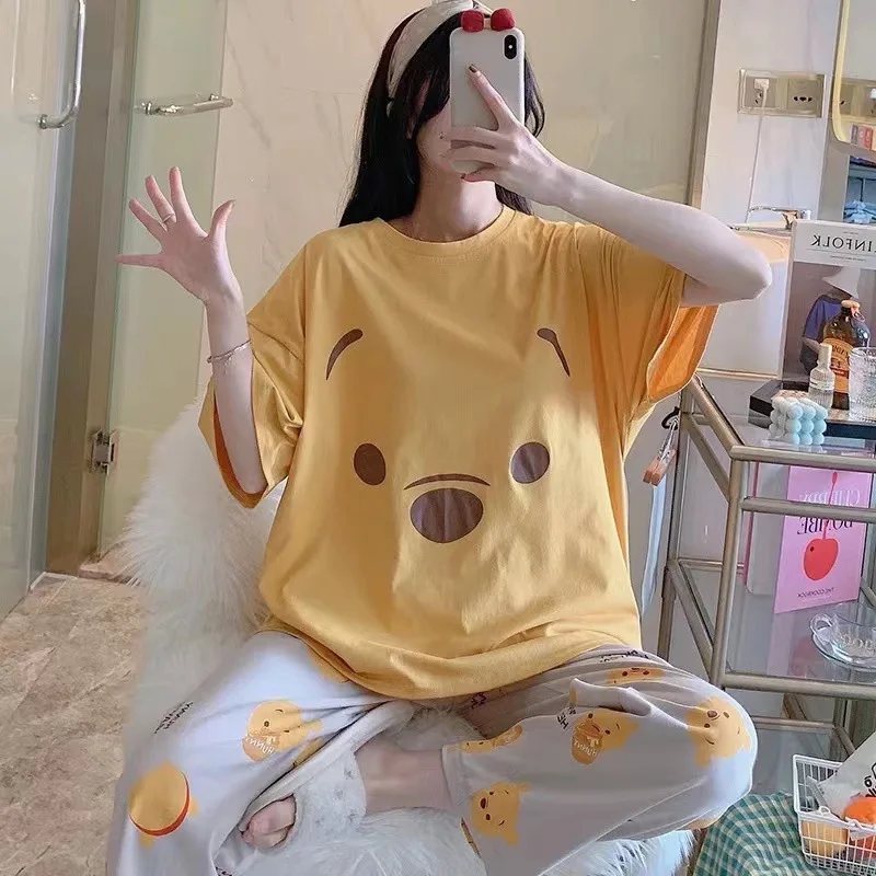 

Thin Cute Cartoon Women's Pajamas Set Sweet Short-sleeved Casual Pants Two-piece Spring And Summer Girls Home Clothes
