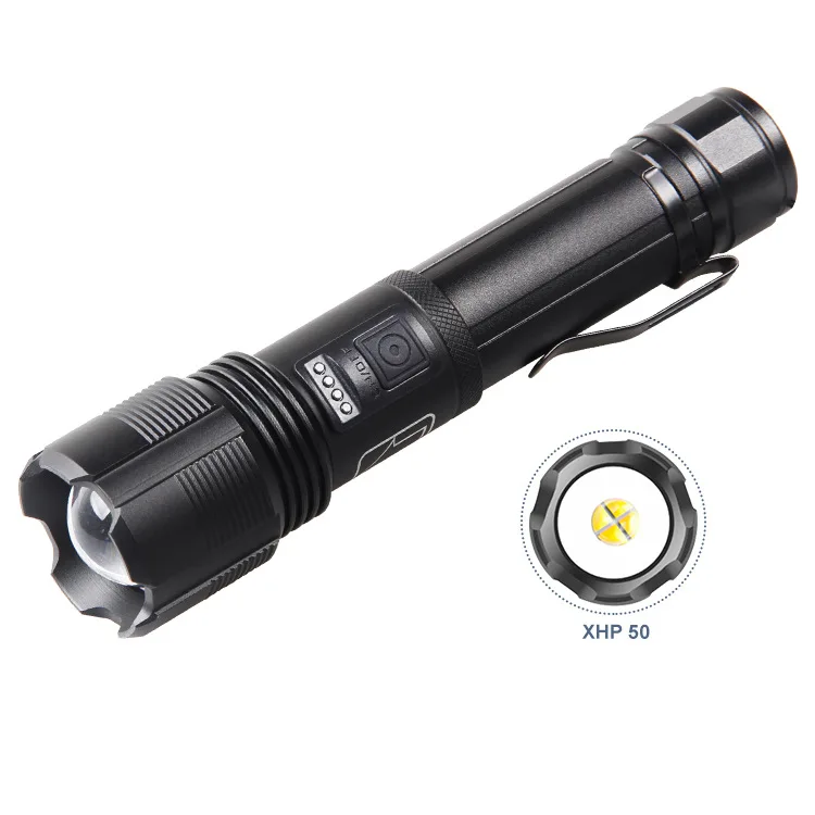 Xhp-70 Strong Light Telescopic Zoom With Pen Buckle Power Display Tybe-c Usb Charging Led Flashlight Ultra Powerful Rechargable