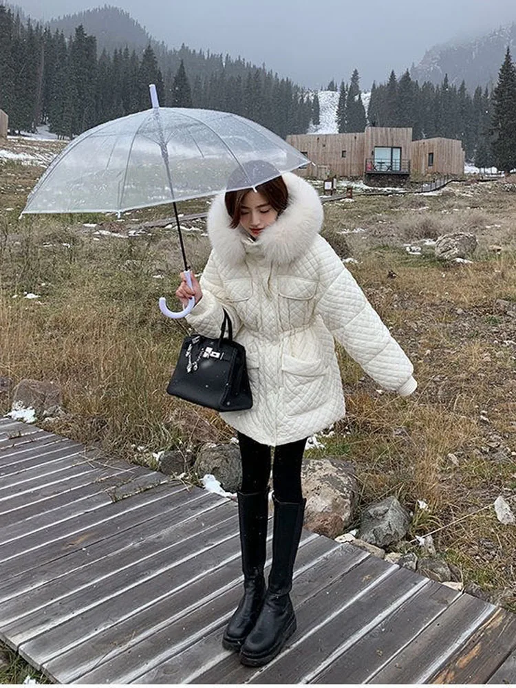 Women Duck Down Coat for Winter 2023 Lady Outfit Puffer Jacket with Big Real Fox Fur Hood Grey Black Green Cream White Plus Size