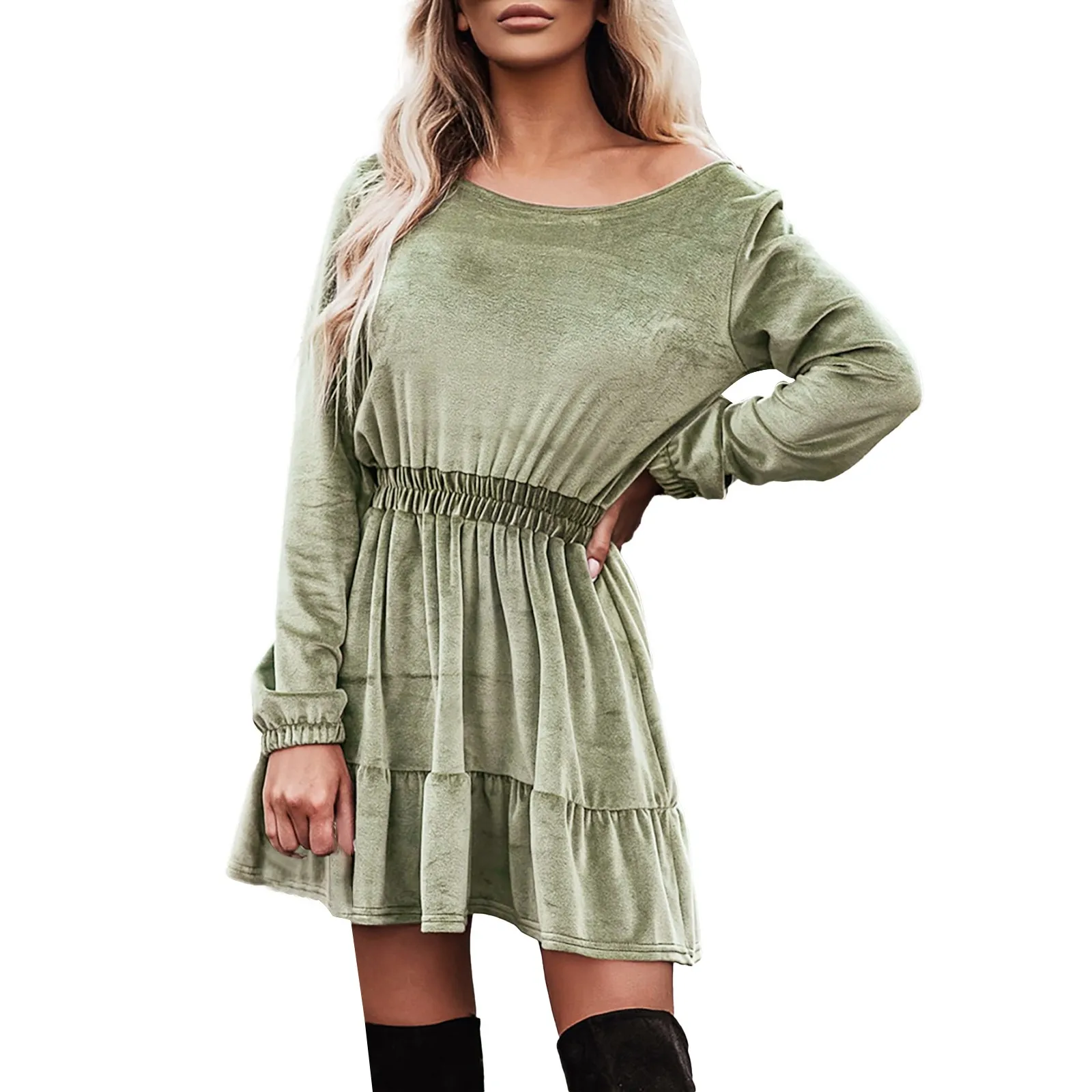 

Womens Velvet O Neck Solid Color Long Sleeve Ruffles Casual Mini Dress Summer V Neck Dresses for Women