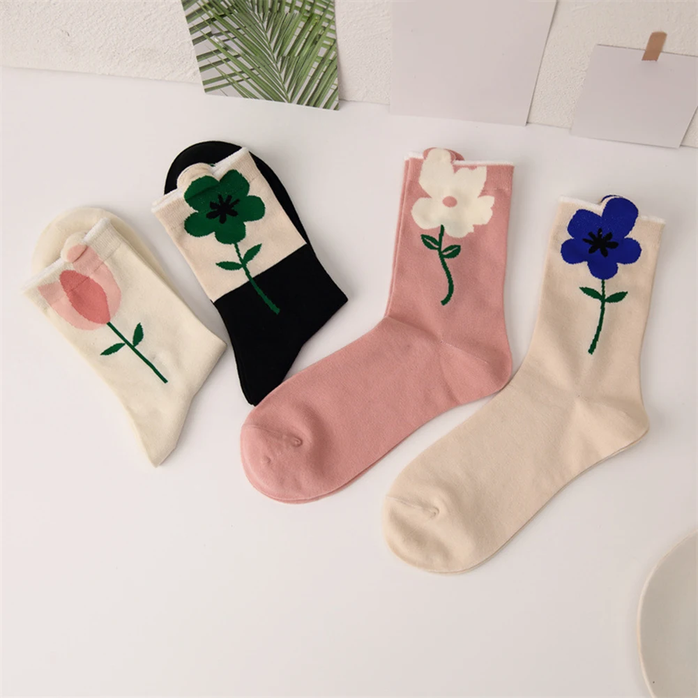 

1 Pair Women Socks Cartoon Flower Tulip Kawaii Funny Casual Female Cotton Sock Hosiery Streetwear Harajuku Crew Sox