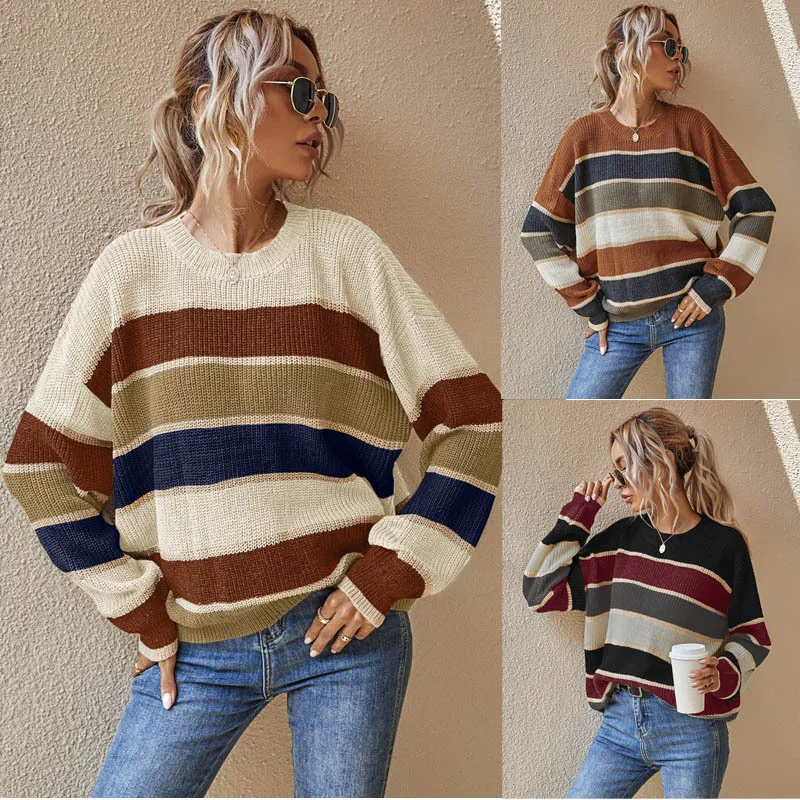 

Autumn and winter 2022 new Pullover blue stripe round neck sweater temperament commuter women's Korean sweater clothing