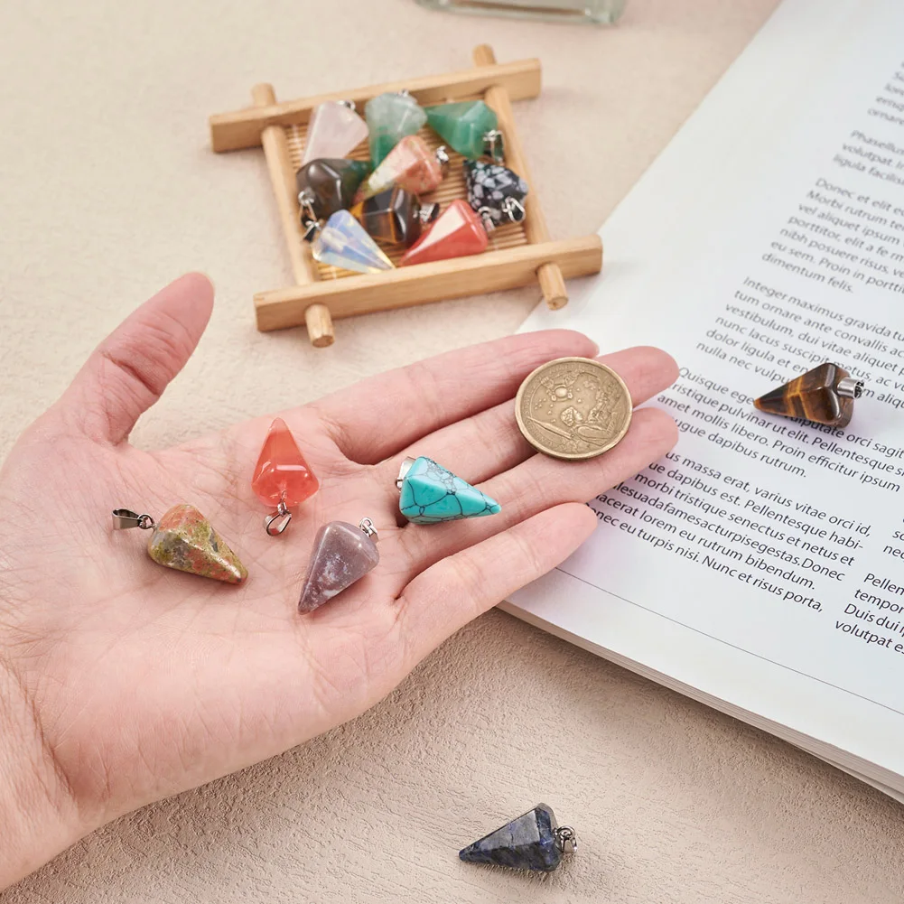 20pcs Cone Gemstone Pendant Natural&Synthetic Healing Stone Charms Spike Shape Small Dangle Necklace Earring Jewelry DIY Making