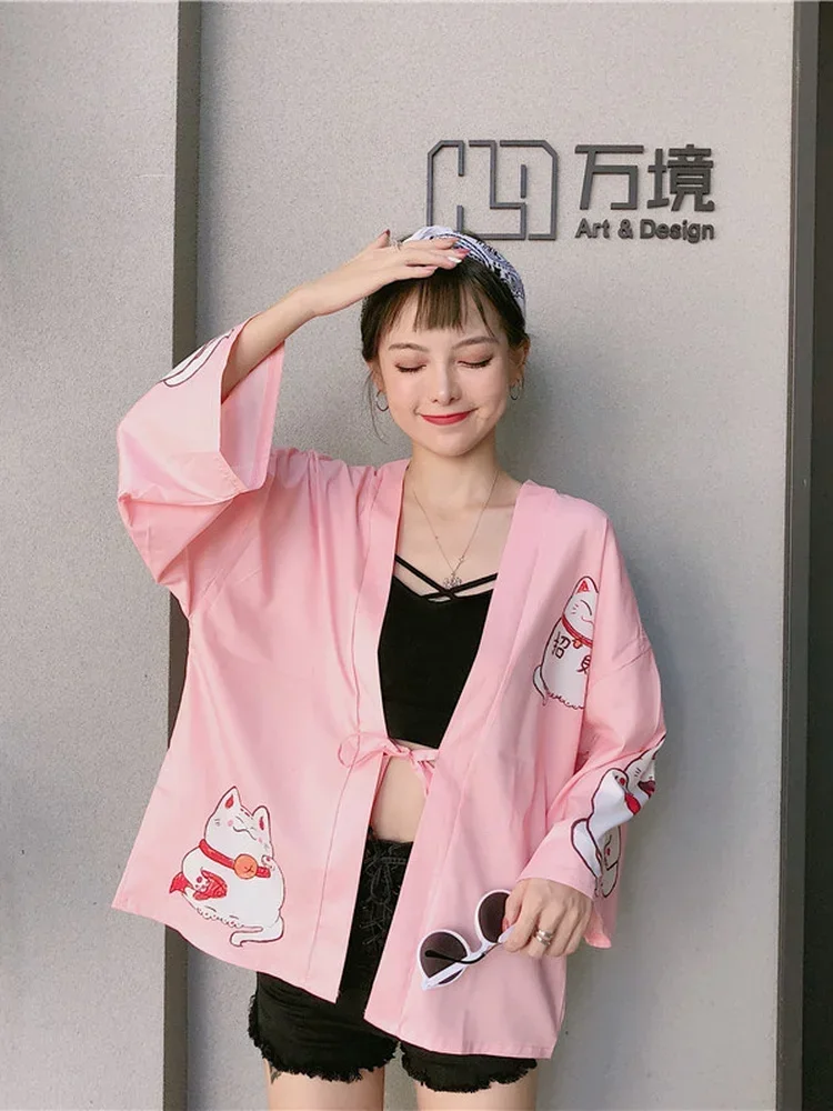 Woherb 2024 летняя милая блузка-кимоно с принтом мультяшного кота Блузы большого