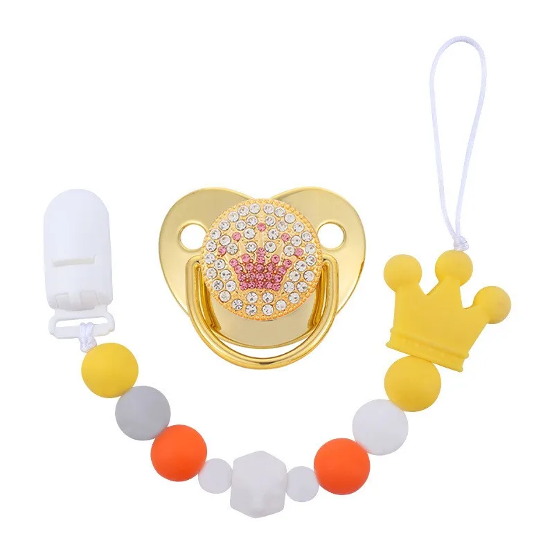 

Gold Pacifier Luxuri Babi Bead Crown Baby Pacifier with Chain Clip Newborn BPA Free Bling Dummy Soother Chupeta 0-24 Months