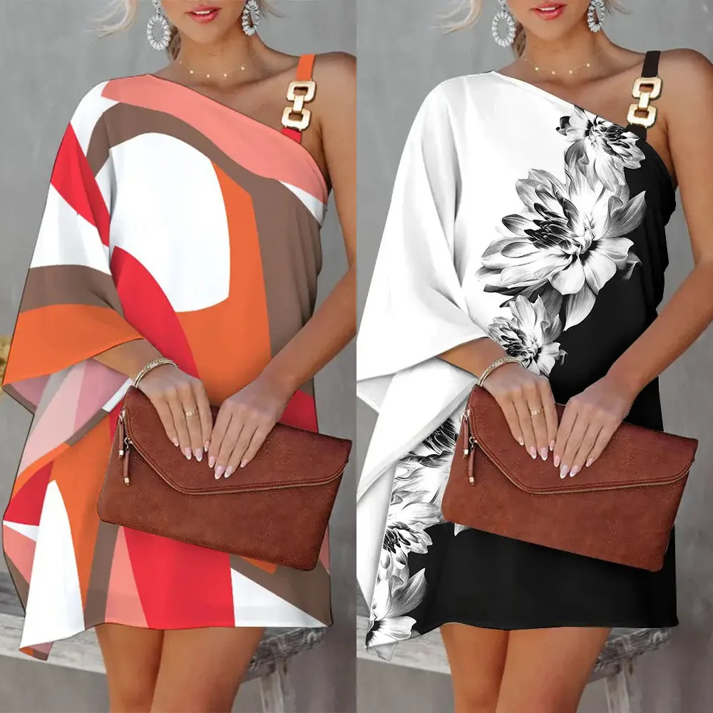 

Summer new women's print sexy diagonal neck off-shoulder dress