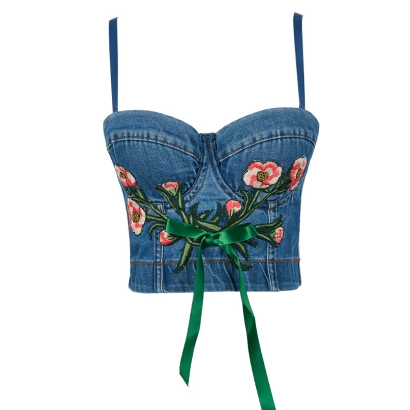 

Women Washed Denim Bustier Bra Ribbon Bow Embroidery Slim Camis Corset Crop Top