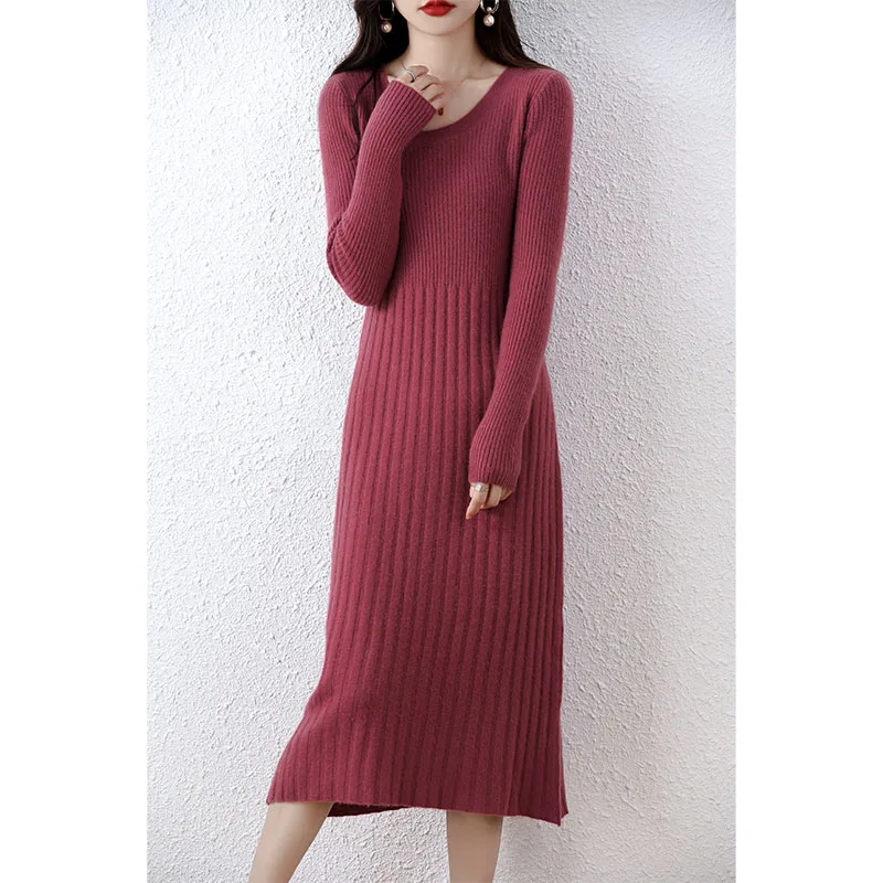 Autumn Winter New Women High Elasticity Slim Dress 100% Wool Thicken Warm Sweater Dress Basic Knit Pullover Female Casual Dresse